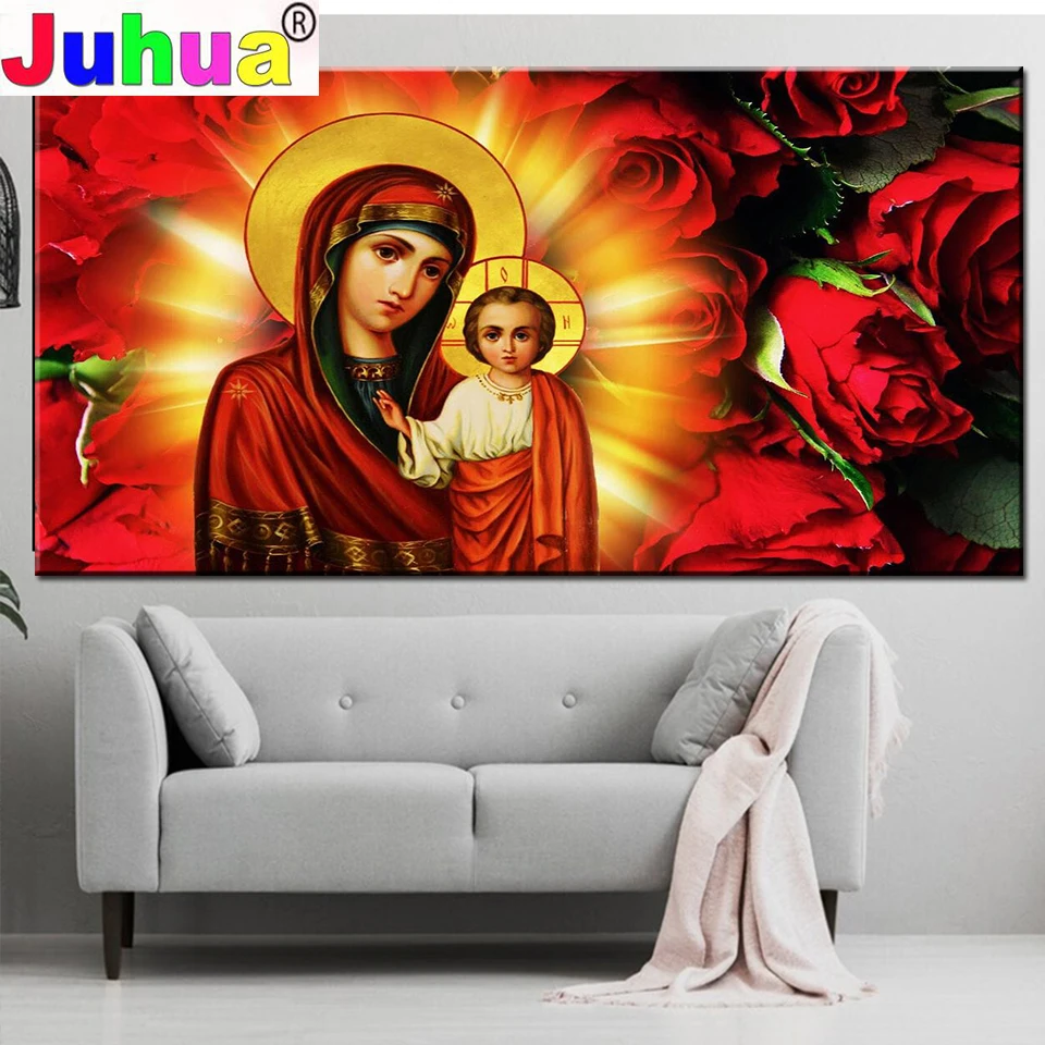 

New Religion mosaic Diamond Virgin and Child Rose Diamond embroidery Full Round drill 5d diy diamond painting 3D cross stitch