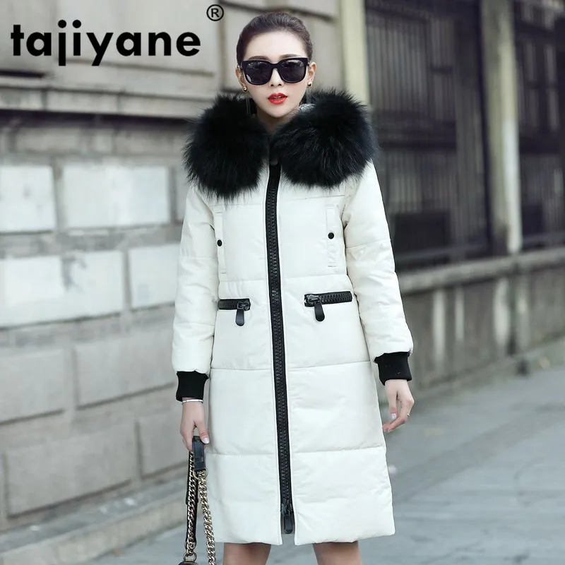 

100% Real Sheepskin Coat Female Winter Natural Raccoon Fur Hooded Duck Down Jacket Women Genuine Leather Jacket Warm Coats 7212