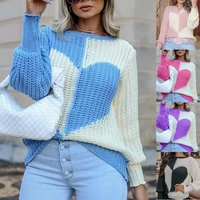 2021 autumn and winter new style ladies elegant flared sleeve love contrast knitted sweater