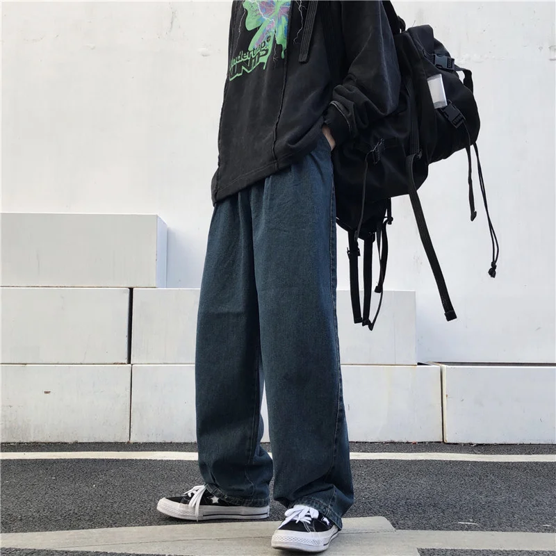 

Blue Wide-leg Jeans Men's Fashion Retro Pocket Jeans Men Streetwear Loose Hip-hop Straight Denim Trousers Mens Cargo Pants