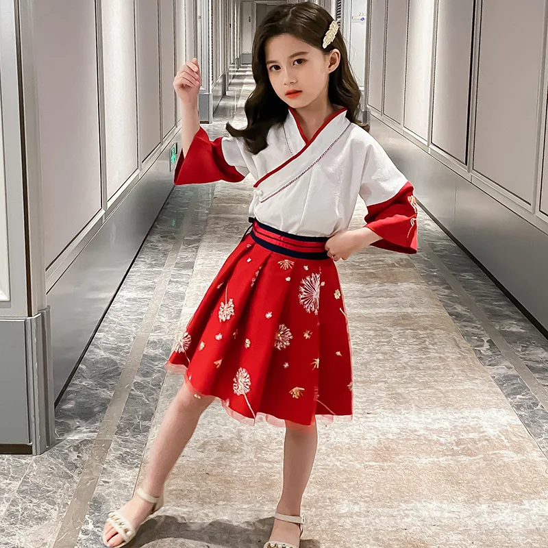 

Hanfu Girls' Summer Dresses, Chinese Style Children's Ancient Dresses, Tang Suit Girls' Summer Antiquities' Skirts