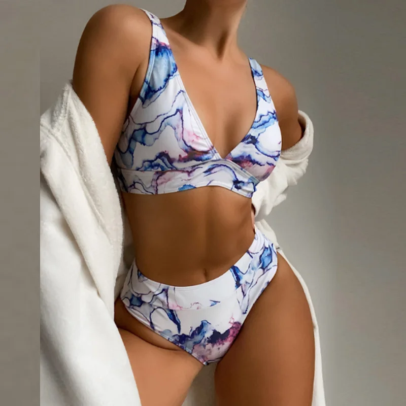 

Sale Sexy Print Tie Dye Deep V Swimsuit 2021 Two Piece High Waist Women Bikini Set Swimwear Push Up Brazilian Beach Wear Suits