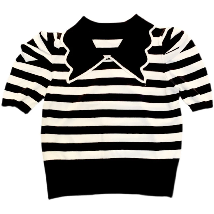 

Harajuku Style Tops Slim Fit 2021 New Striped Knitted T Shirt Women Puff Sleeve Designer Summer Tshirt Tee Shirt Femme
