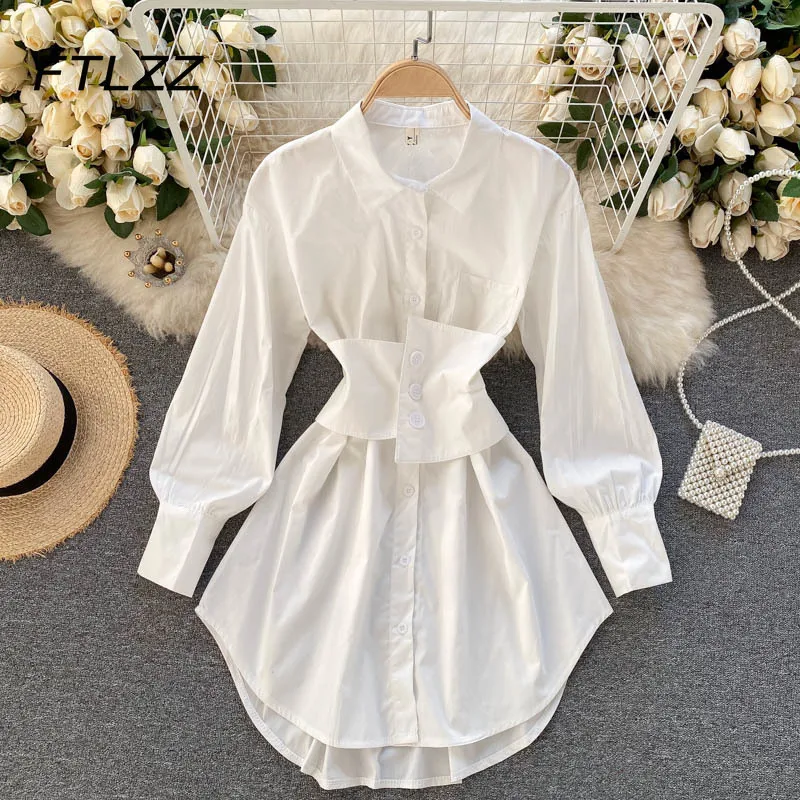 

Streetwear Fashion Blouse Women Spring Autumn Long Sleeve Withbelt Slim Mid-length White Shirts Woman Fashion Tops