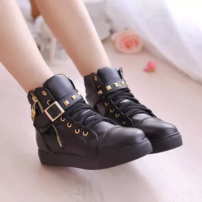 

riveted canvas shoes style Spring four seasons leisure high-top walking shoe female student shoes flat-bottomed side zipper shoe