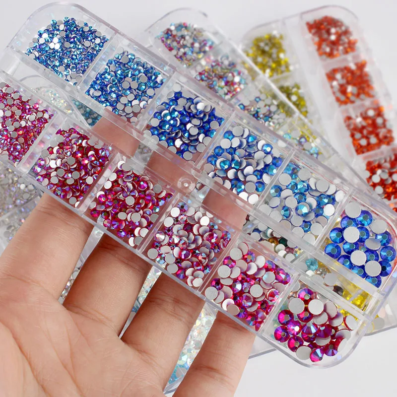 

New sale 12 Grid box Packing Mix size Color Nail Rhinestone SS6-SS20 Flatback Crystal Stones for nails art decoration