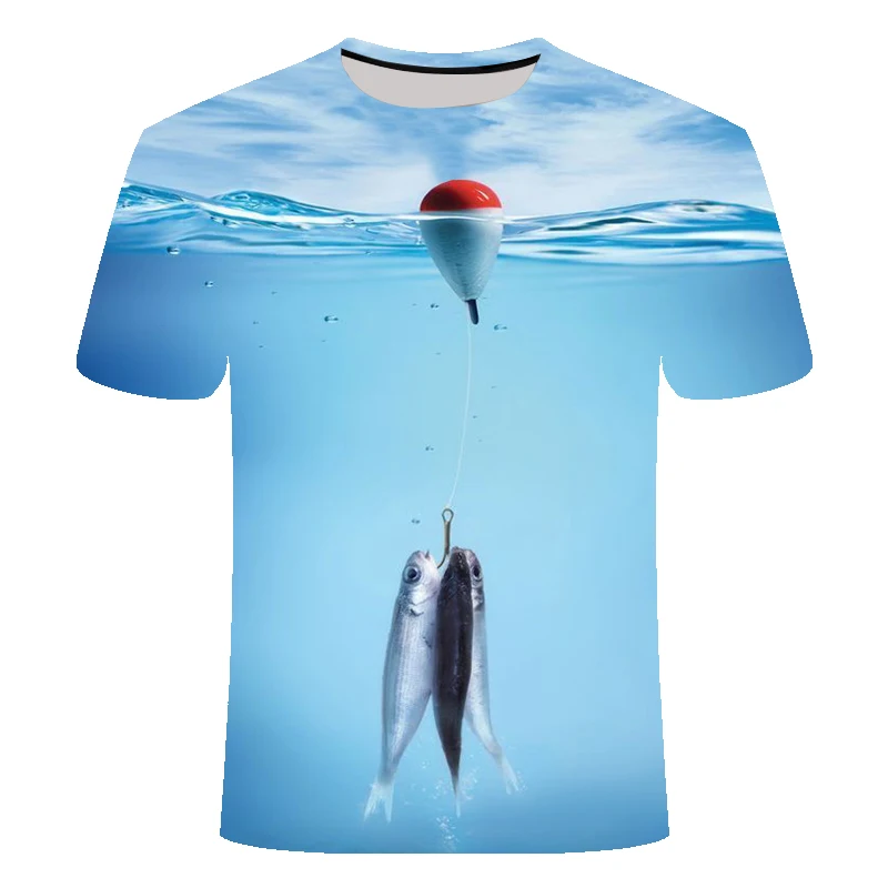 

Drop ship Fishing tshirt casuall style Digital fish Short Sleeve O-neck 3D print T-shirt Great white shark sandbeach Asian size