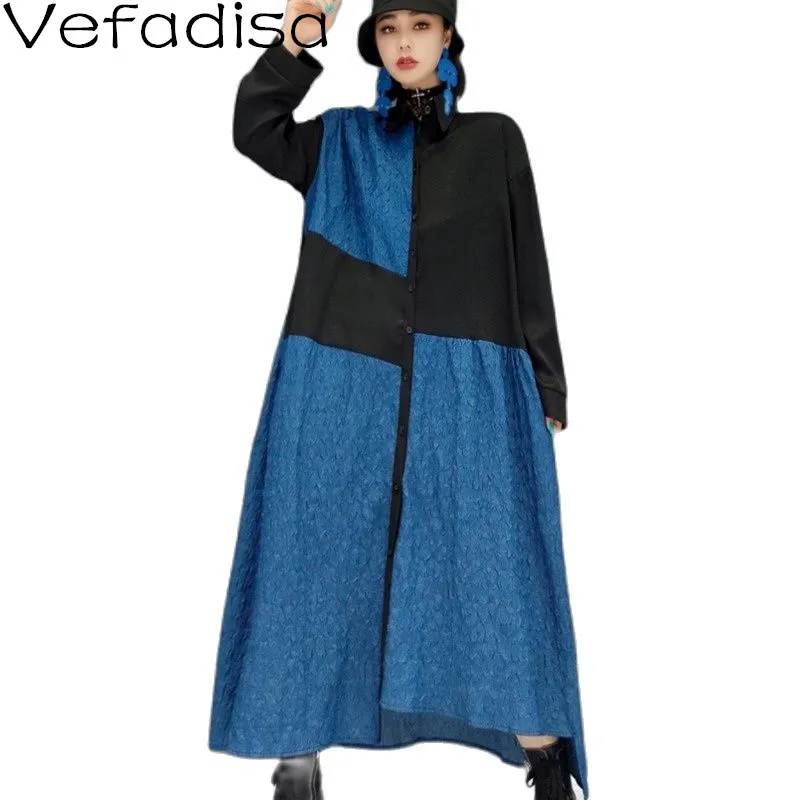 

Vefadisa Blue Stitching Color Women Dress 2021 Autumn Patchwork Female Shirt Dress Fashion Long Sleeve Women Dress QYF6153