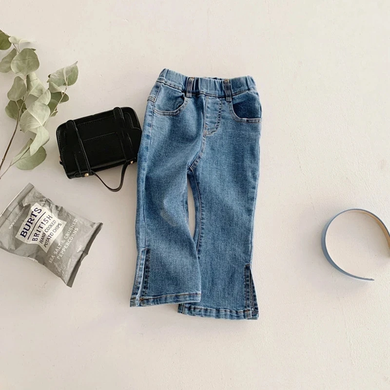 

2021 Spring Baby Girls Denim Flare Pants Solid Color Toddlers Kids Elastic Jeans Korean Style Children Trousers