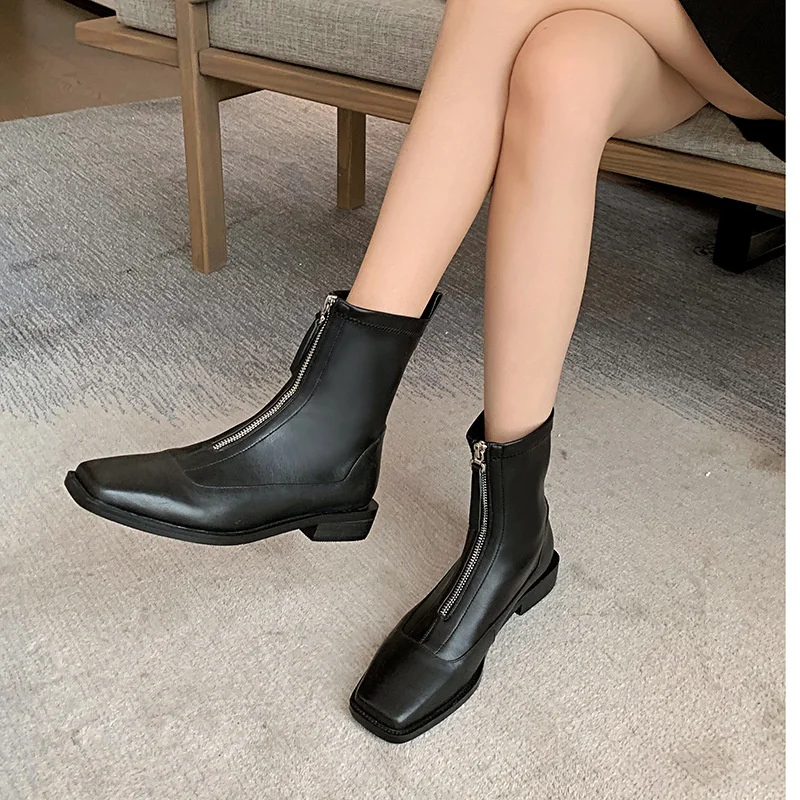 

New front zipper cowhide women's boots short barrel Knight boots square heel middle heel boots 40-43 large boots