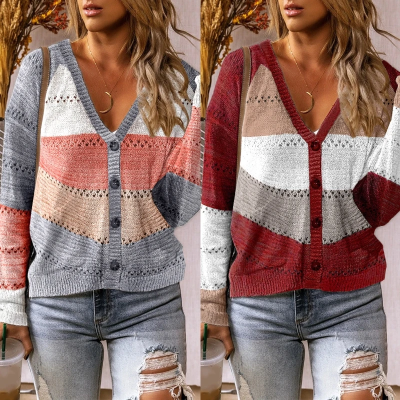 

Women Autumn Long Sleeve Knitted Sweater V-Neck Button Down Color Block Stripes Patchwork Jumper Tops Casual Loose Hollow Out Cr