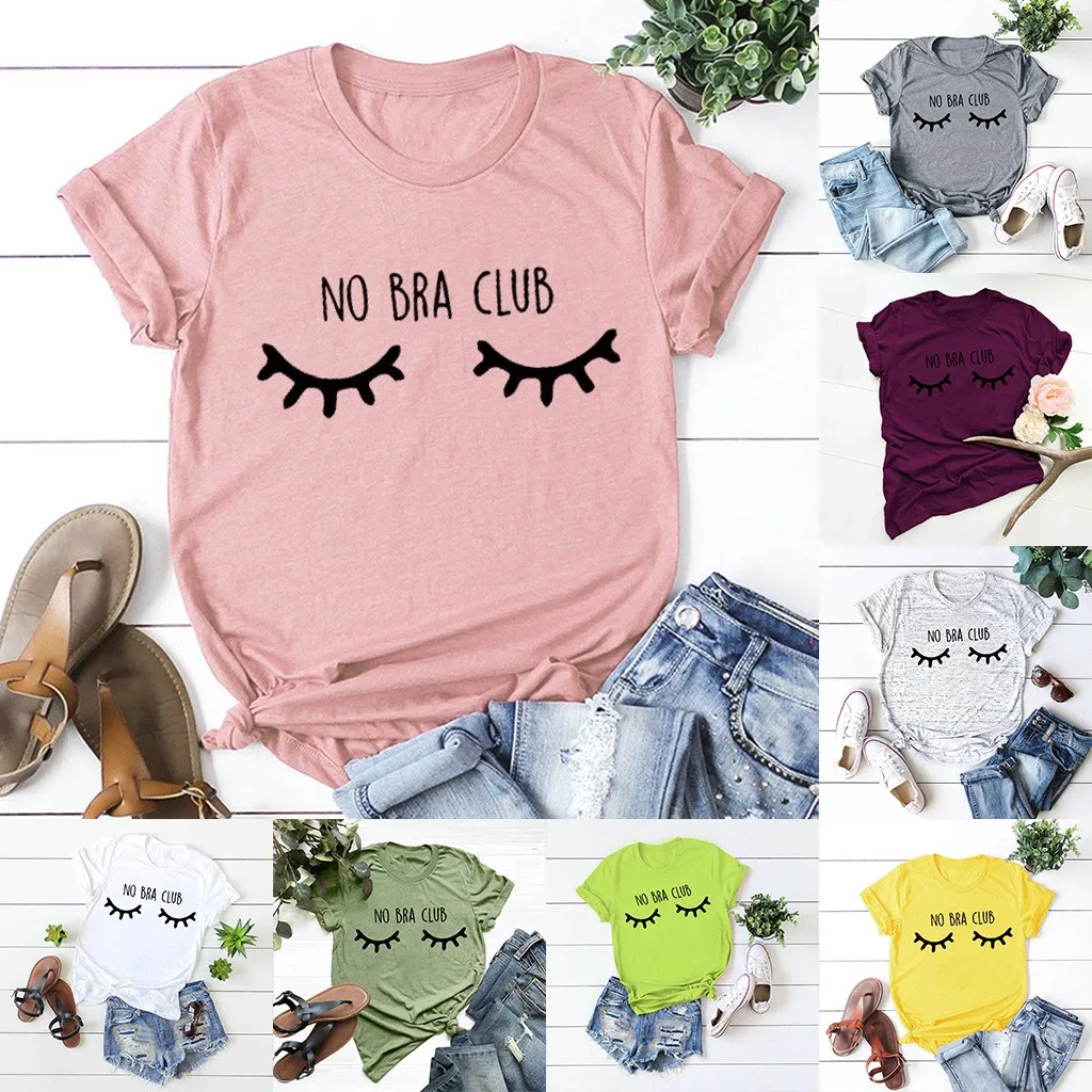No Bra Club Letter Print T-shirt Women Multicolor Large Size Loose Fashion Tops Summer Casual Short Sleeved T Shirt Wild | Женская