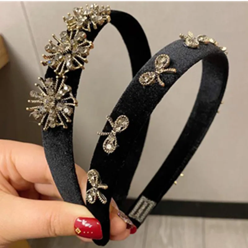 

Украшение для волос из сплава с кристаллами и цветами, черная модная вечерняя головная повязка, бархатный ободок, милая повязка для волос с бантом, новые аксессуары для волос