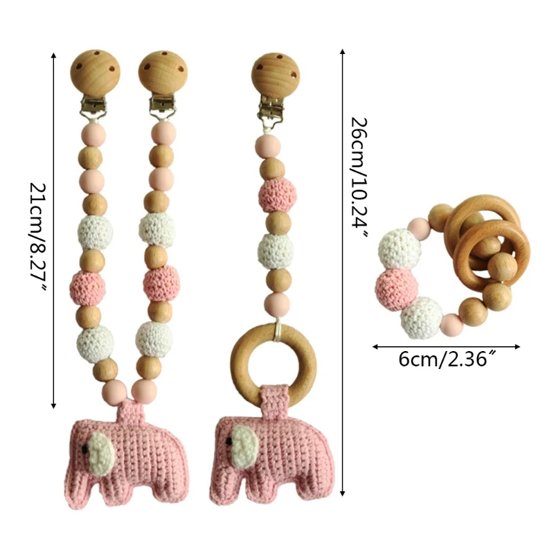 

3Pcs/Set Baby Stroller Clip Hanging Pendant Mobile Rattle Dummy Holder Pacifier Chain Wooden Ring Bracelet Teether