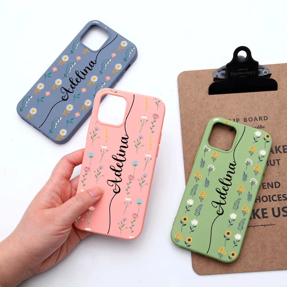 

Custom Name Phone Case for iPhone 13 12 11 Pro Max for iPhone 7 8 Plus X XS XR Pink Flowers Silica Gel Protective Cover Gift