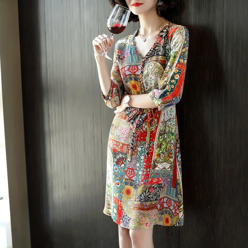 Женское шелковое платье с принтом трапециевидной формы из шелка тутового