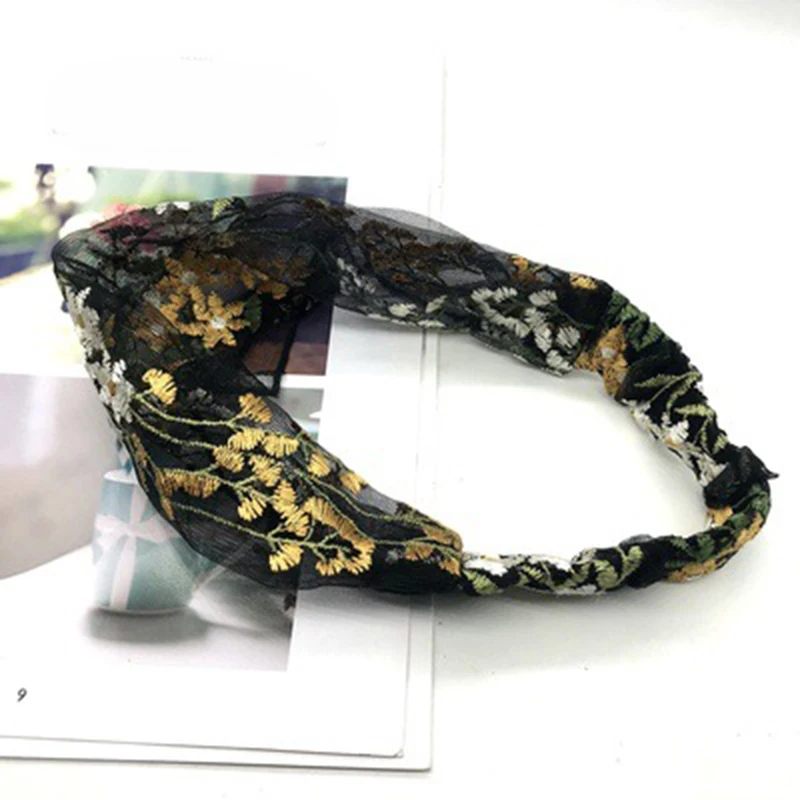 Женская винтажная повязка для волос Кружевная на голову с цветочной вышивкой