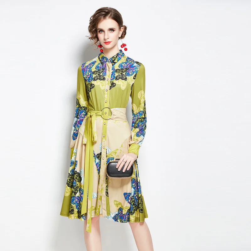 

Jacques Wolf 2020 yellow butterfly print dress with lapel and long sleeve