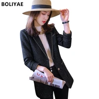 boliyae 2021 autumn and winter new blue suit coat women fashion tweed plaid jacket black casual office long sleeve blazer tops