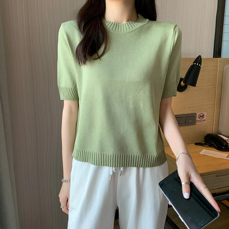 

Knitted T-shirt women's 2021 summer solid color slim and lazy style knitted shirt Pullover casual and comfortable t-shirt women
