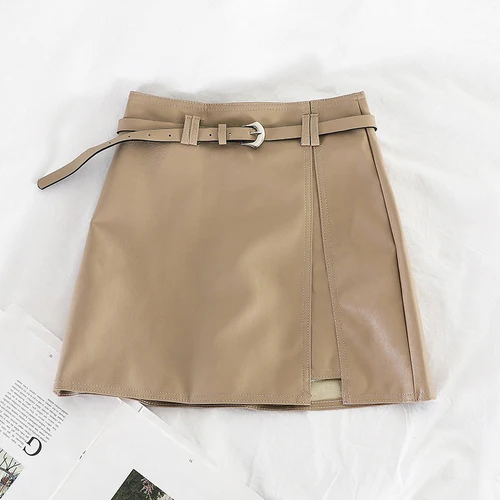 khaki Корейские однотонные женские юбки трапециевидной формы из PU искусственной кожи в винтажном стиле с поясом, бандаж с вырезами Falda Mujer, осенние и зимние мини-юбки 78954 - Цвет: khaki
