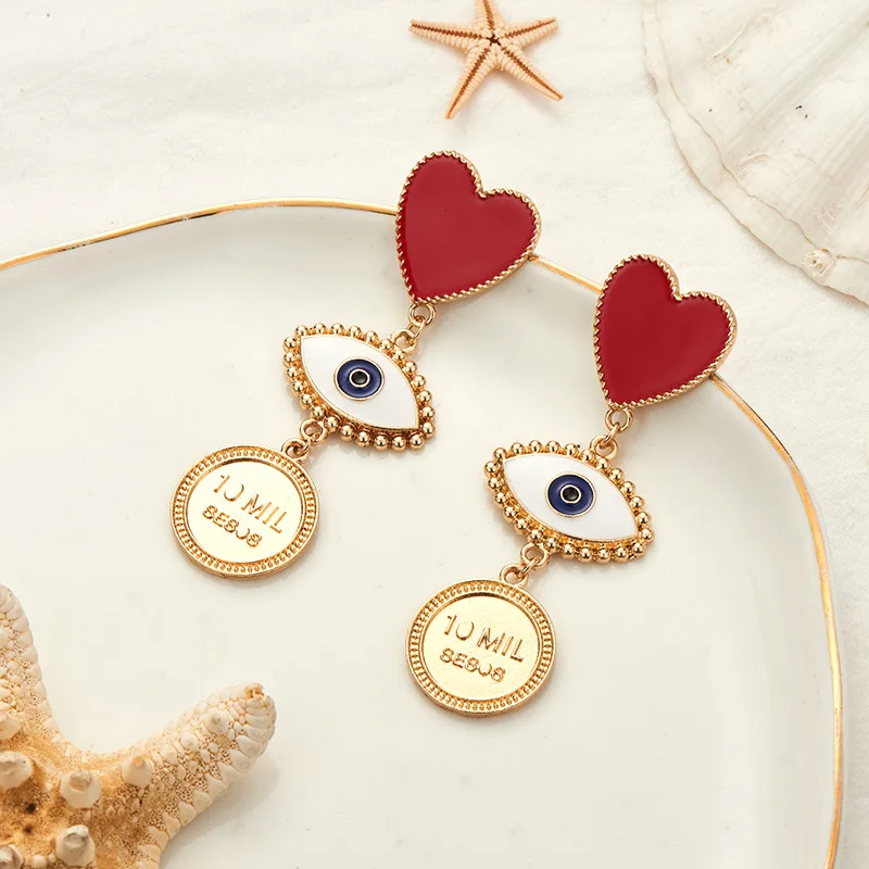 2019 New Fashion Red Heart Evil Eye Coin Drop Earrings For Women Lady's Vintage Exaggerate Statement Earring Party Jewelry | Украшения