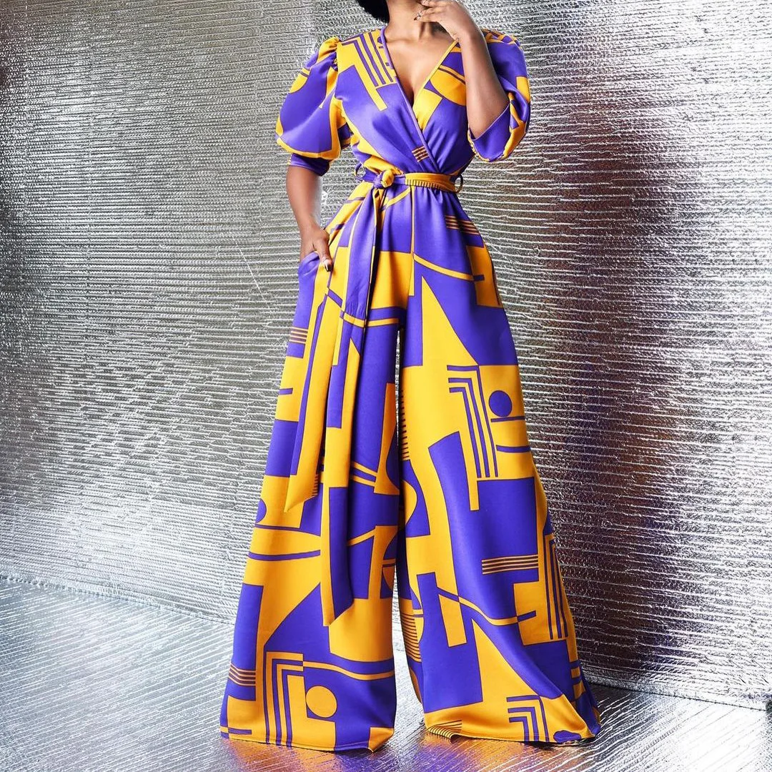 

HIJABUSS Women's 2021 Summer Collection Belt High Waist V-neck Printed Color Blocking Wide Leg Pants African Fashion Jumpsuit