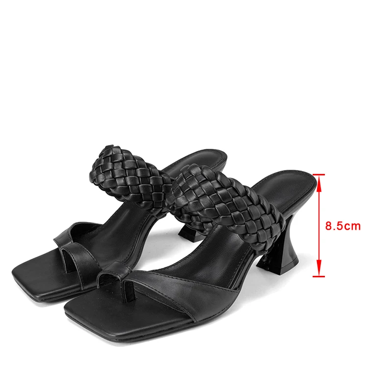 

Summer Woman Square Heels Weaving Clip Toe Fashion Female Slippers Cross-ties Rubber Outdoor Comfortable Ladies Footwear 2021