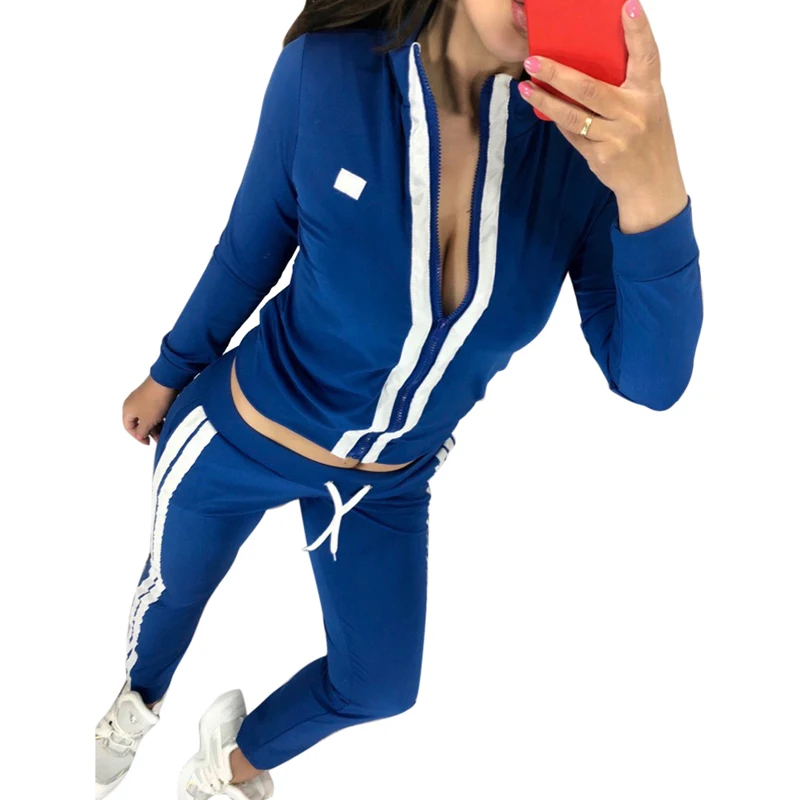 blue Женский костюм для бега, повседневный комплект из 2 предметов, толстовка со спортивными штанами, осенний спортивный костюм на молнии, спортивный костюм для бега - Цвет: blue