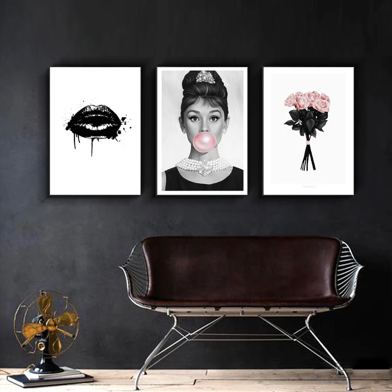 Нордическая черно-белая Хепберн роспись с пузырями абстрактный цветок губ