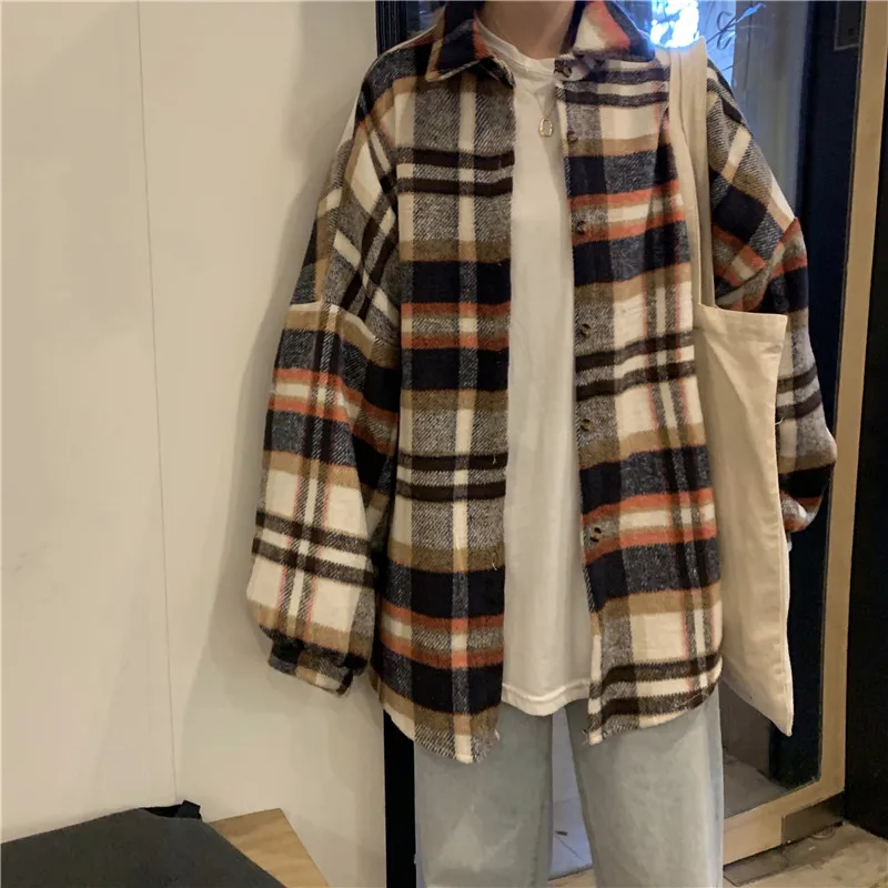 Корейская клетчатая рубашка женская одежда Harajuku однобортная Осенняя рубашка с длинными рукавами женская рубашка большого размера с отворотом Женская