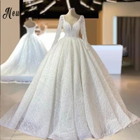 sparkly glitter beaded wedding dress 2021 luxury crystals scoop neck long sleeve wedding dresses for brides custom made