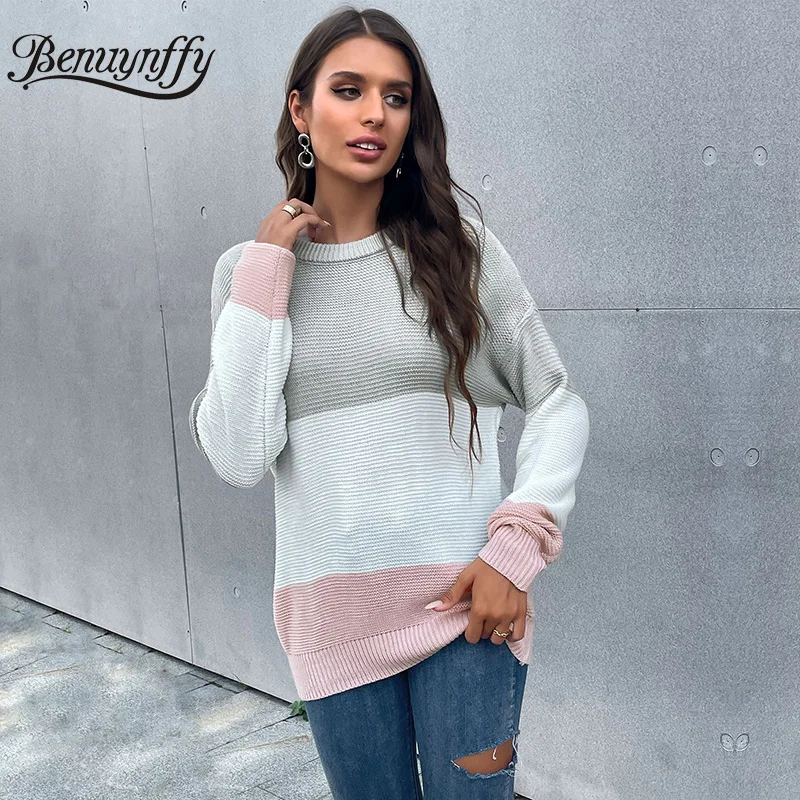 

Benuynffy Crew Neck Color Block Drop Shoulder Sweaters Women Casual Autumn Winter Long Sleeve Pullovers Warm Knitwear Jumper