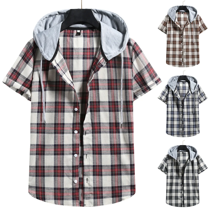 

2021 New Summer High Quality Men's Checked Single-breasted Slim Short-sleeved Hooded Men's Shirts