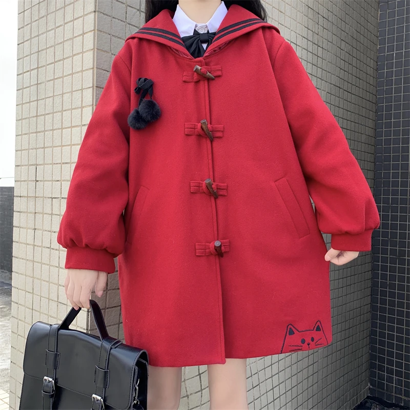 

Preppy Japanese Winter Sweet Coat Kawaii Sailor Collar Cute Cat Embroidery Full Sleeve Horn Button Straight Woolen Outerweat