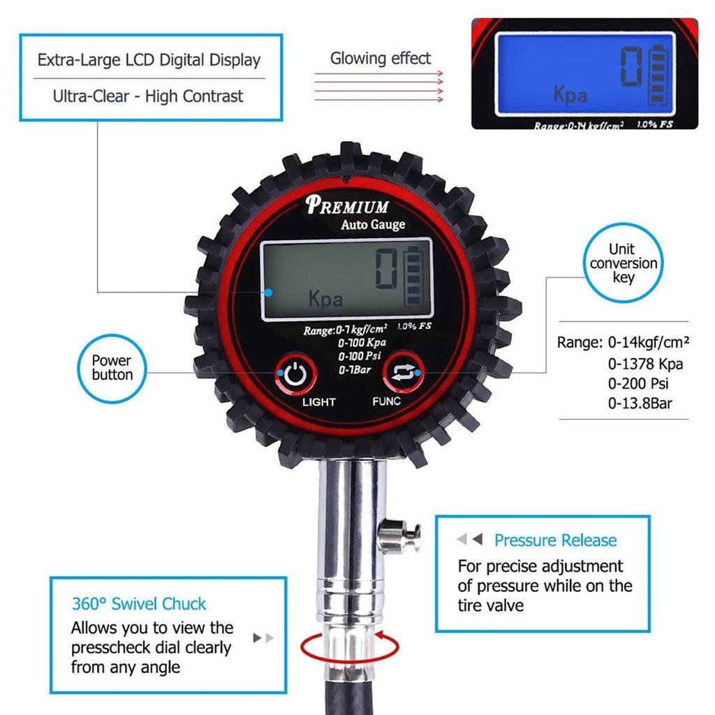 

100 PSI Electric LCD Digital Tire Air Pressure Guage for Car Bike Auto