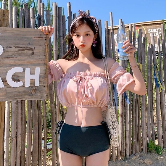 Розовое бикини с открытыми плечами и высокой талией женский купальник пышными