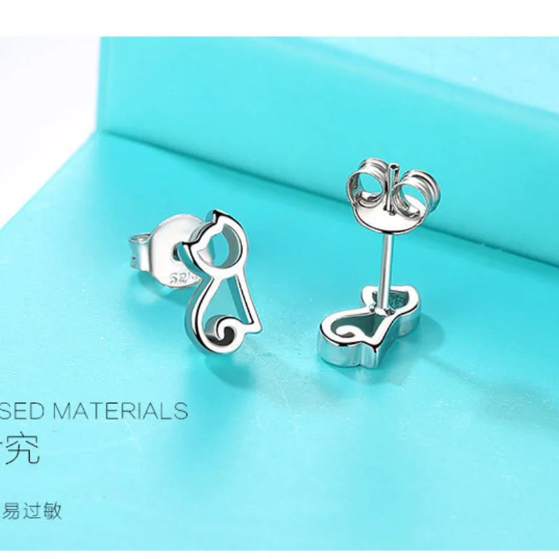 

s925 Sterling Silver Needle Cat Earrings Female Hollow Cute Small Animal Earrings Korean Niche Design Accessories Sexy Exquisite