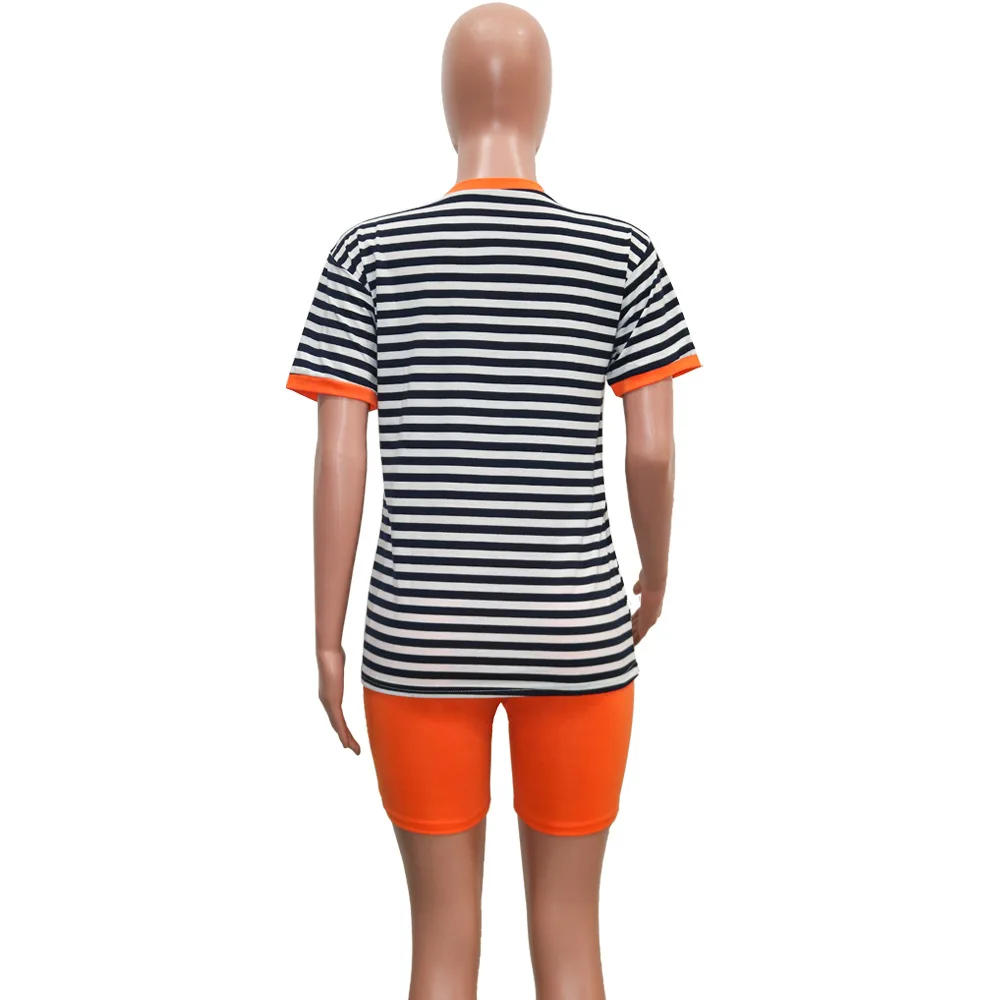 

Women Short Sets Patchwork Stripe Two Piece Summer Home Outdoor Tracksuit Short Sleeve T Shirt Shorts Casual Suit