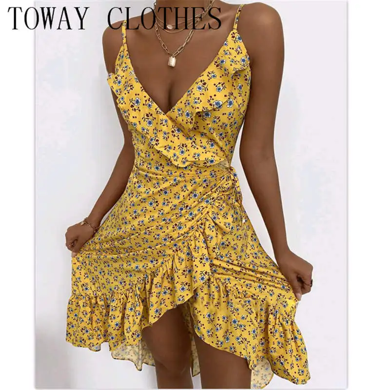 

Summer Women Sweet Sleeveless Ruffles Trim Tied Detail Floral Print Wrap Dress