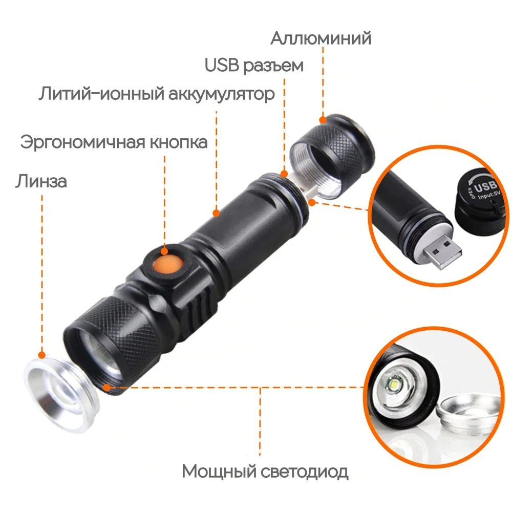 Фонарь LED SimpleShop светодиодный для охоты и рыбалки ручной аккумуляторный