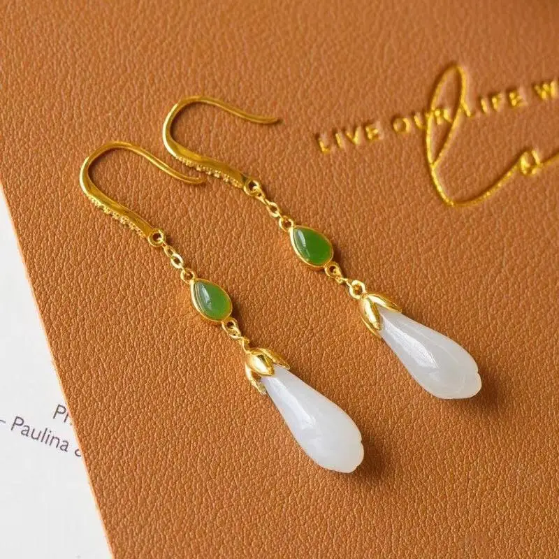 

S925 Silver Hetian Jade Green Jade Stone Women's New Fashion Elegant Long Sweet Earrings Eardrop Earring Anti-Allergy