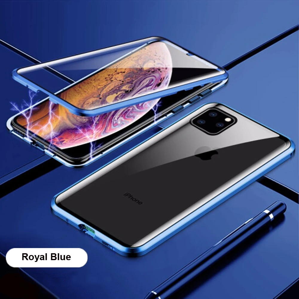 Royal Blue 360 ° полный корпус прозрачный Передний+ задний Чехол из закаленного стекла для iPhone 11 Pro Max XR XS 8 Plus чехол на магните для телефона для iPhone 11 - Цвет: Royal Blue