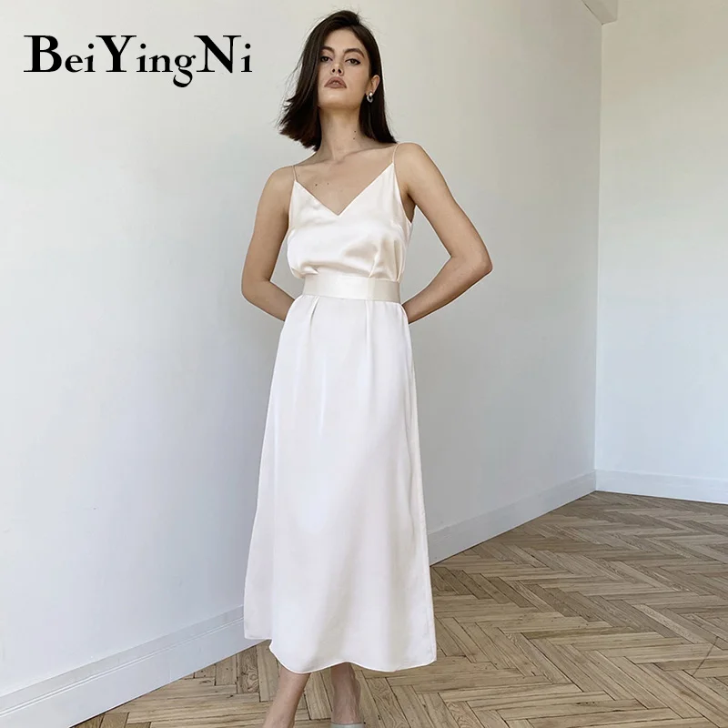 

Beiyingni 2021 Strap Dresses Womens Solid Color Sleeveless V-neck Backless Midi Dress for Woman Satin Vintage French Vestidos