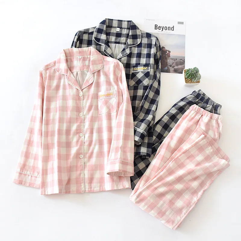 

2 Pcs Plaid Print Pajamas for Women Cotton Long Sleeve Trousers Summer Home Clothes Embroidery Sleepwear Femme Night Wear Suit