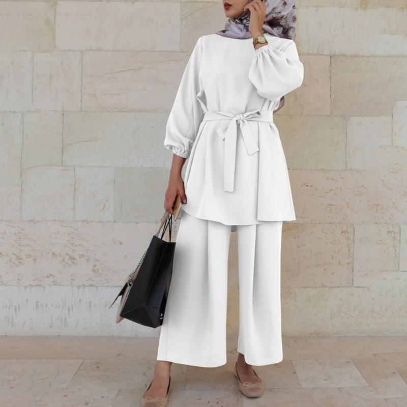

Women Muslim Summer 2 Piece Outfits Set Long Sleeve Belted Tunic Tops Wide Leg Loose Pants Solid Color Dubai Kaftan Hijab Turkis