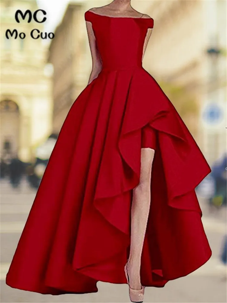 

Off the Shoulder Red Evening Dresses Long Pockets High Low Gown Draped Lace Back Prom Gown Formal Evening Party Dress
