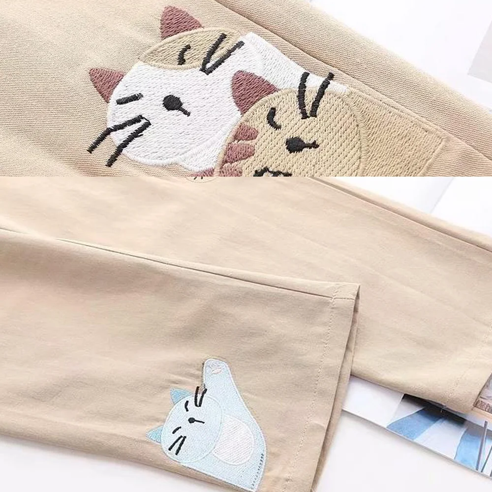 

Japanese Kawaii Soft Girl Cute Cat Printing Women Pants Elastic High Waist Loose Trousers Female Casual Khaki Student Pant