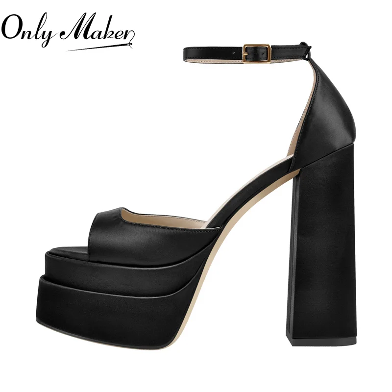 

Onlymaker Women Ankle Buckle Sandals Satin Round Toe Platform Chunky High Heels Fashion Party Concise Shoes