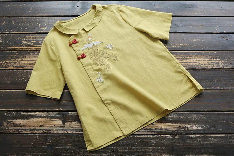 

7770 New Summer Women Shirt Chinese Style Embroidery Buckle Ramie Peter Pan Collar Short Sleeve Loose Solid Color Blouse Women